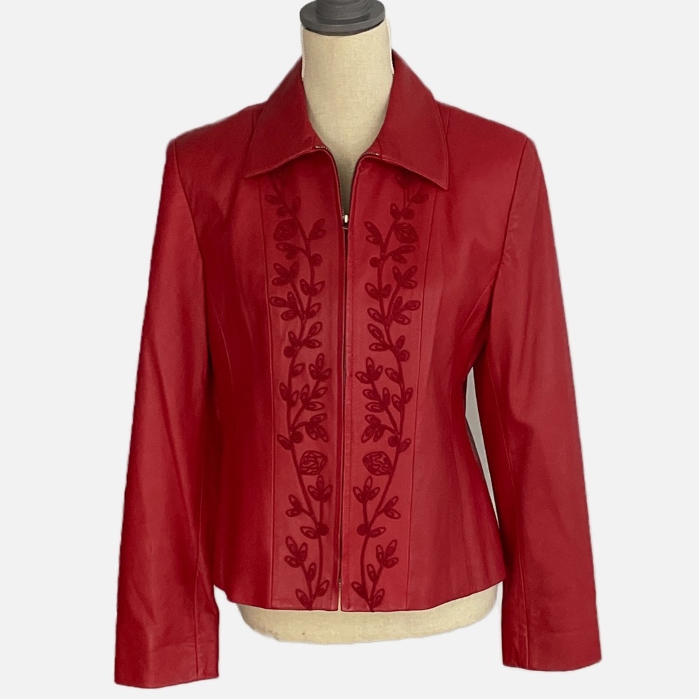 Jones New York Leather Jacket Embroidered Floral Size 8 Red Zip Lined Pockets
